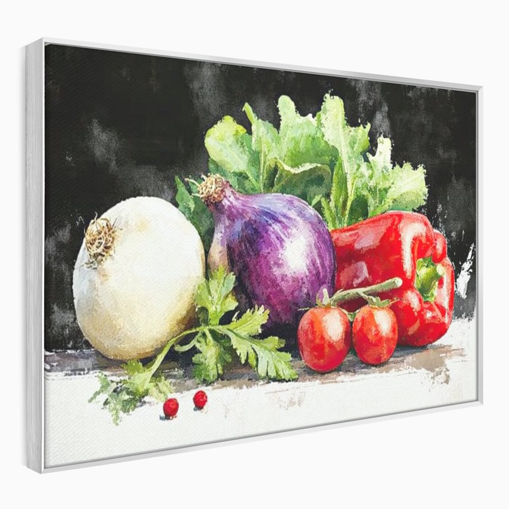 Tablou canvas cu pictura cu legume proaspete si verdeturi, in rama de aluminiu argintiu